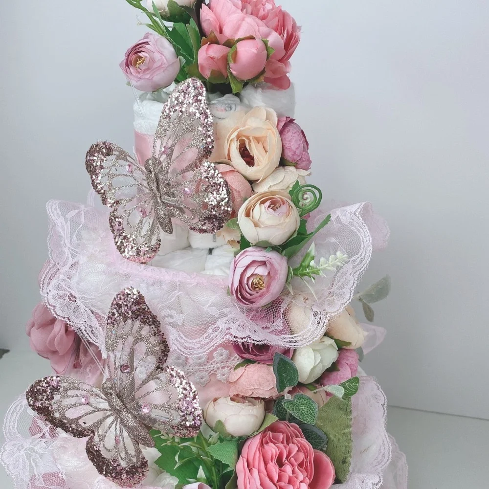 Peonies Diaper Cake, Butterflies Diaper Cake